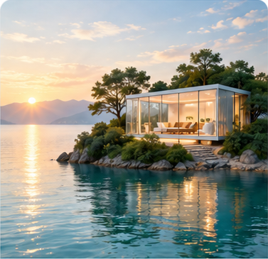 A glass island house at sunset