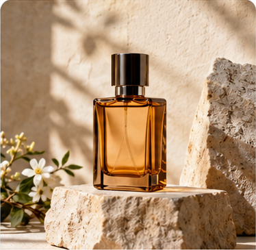 An amber perfume bottle on sandstone