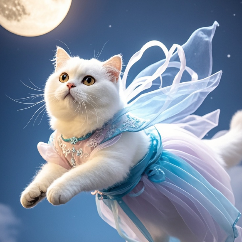 Animal portrait photography, Kodak film texture, a white British Shorthair cat with light-colored eyes, wearing Chang'e fairy clothes, with a fluffy belly, flying towards the moon, wrapped in light gauze, elegant, mysterious, dreamy, side lighting, ethereal, with a full round moon in the background 海滩日落