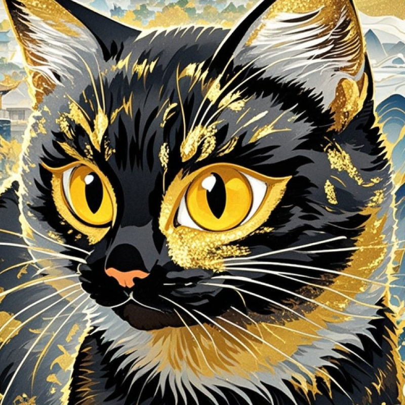 A side profile painting of a black and golden cat, with fur mixed in black and gold. The background shows a distant view of an ancient Chinese city with mountains and rivers, enhancing the cat's silhouette. The image is filled with complex patterns and gold foil outlines, overall in black and gold. The cat's eyes are bright and sharp, with delicate whiskers. The image is rich in detail, high resolution, exuding elegance and classical beauty. 森林小径