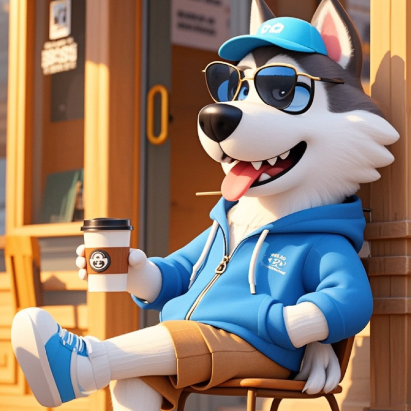 Cartoon style illustration, a Husky wearing a light blue baseball cap and sunglasses, holding coffee in one hand and hands in pockets. Sitting cross-legged in front of a coffee shop, very comfortable, the overall style of the image is cartoon with a comedic or humorous tone, 3D rendered 城市天际线