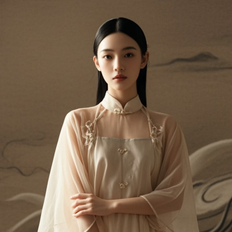 Photorealistic photography, close-up, white space, sense of space, cross-century, Chinese-style gauze dress, elegant, noble temperament, female model, breeze background, ink painting, side angle, perfect cheeks and arms 女性肖像
