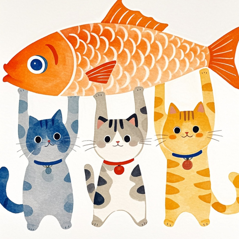 Illustration style, watercolor overlay, 3 cute little cats of different colors together holding a huge fish, very fun, childlike brushstrokes, elegant, cute and adorable style, lovely and warm, simple line drawing, pure white background 男性肖像
