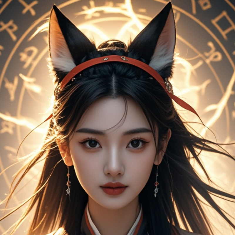 Photorealistic photography, close-up, white space, grand, shocking, sense of space, cross-century, Chinese-style attire, cool, elegant, noble temperament, lively eyes, fox ears, white fairy, hair ribbons flying, breeze, front angle, background, mysterious Eastern rune light effects, runes shining brilliantly. Elegant, noble, best quality 奇幻角色